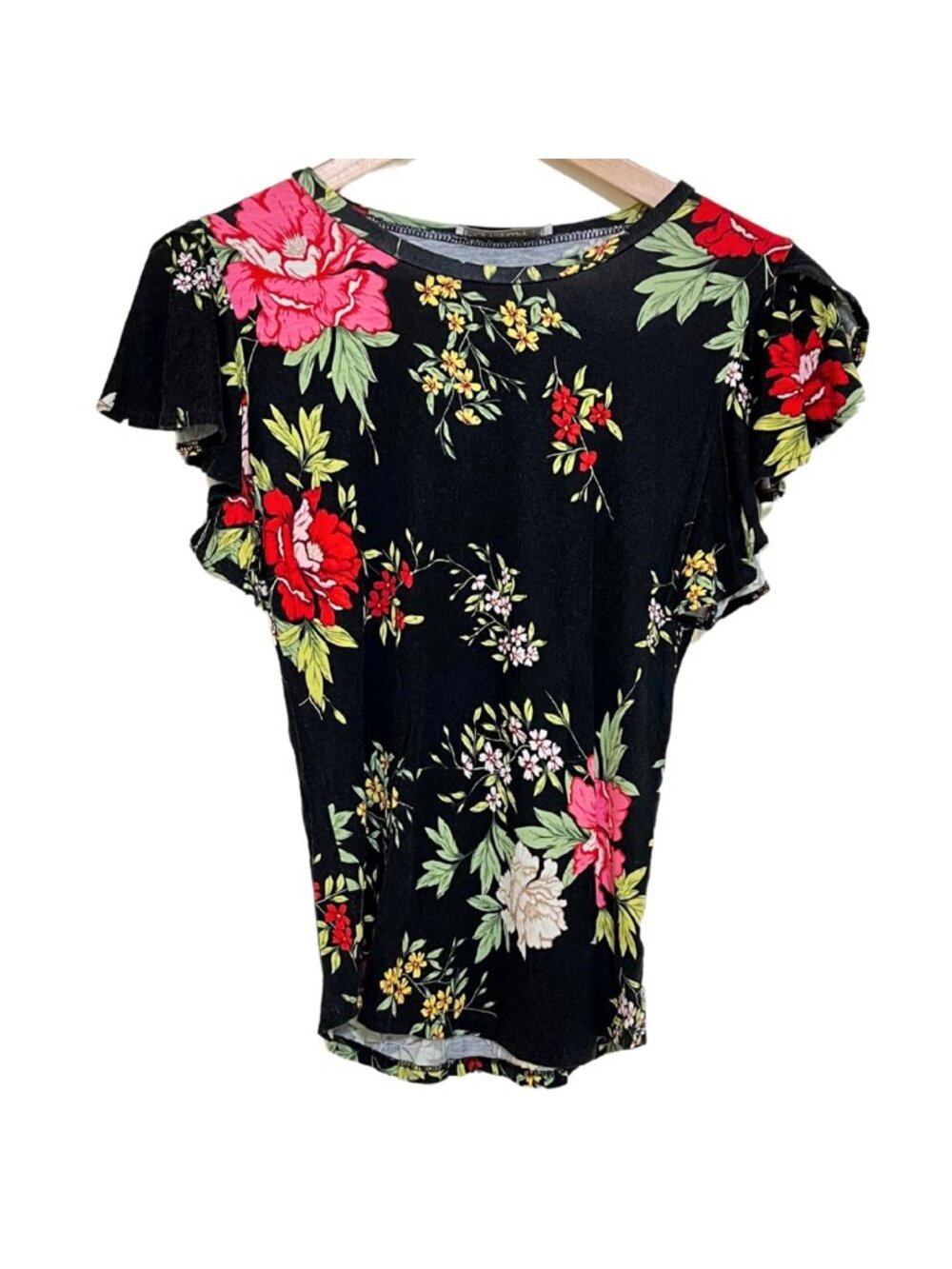 Style Therapy Black Floral Ruffle Cap Sleeve Top – M